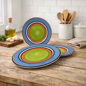 Block Salsa Salad Plates Set of 3 Multicolor Striped 8.25” - Discontinued